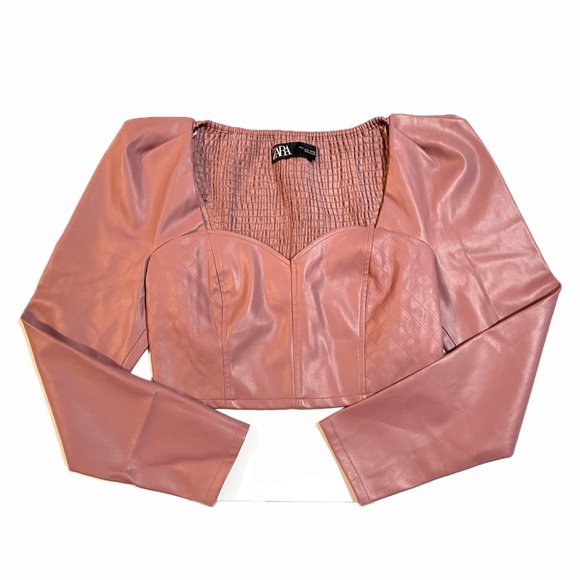 Zara Pink Faux Leather Puff Sleeve Crop Top in Marsala Pink - Picture 4 of 8